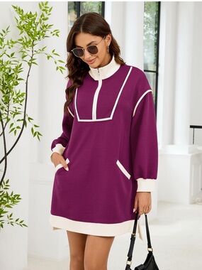 Purple Pullover Dress with Contrast Trim